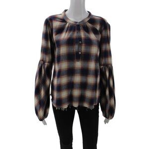 Pharaoh Womens 90s Beige Plaid Silk Button-Up Blouse Long Sleeve Size 0